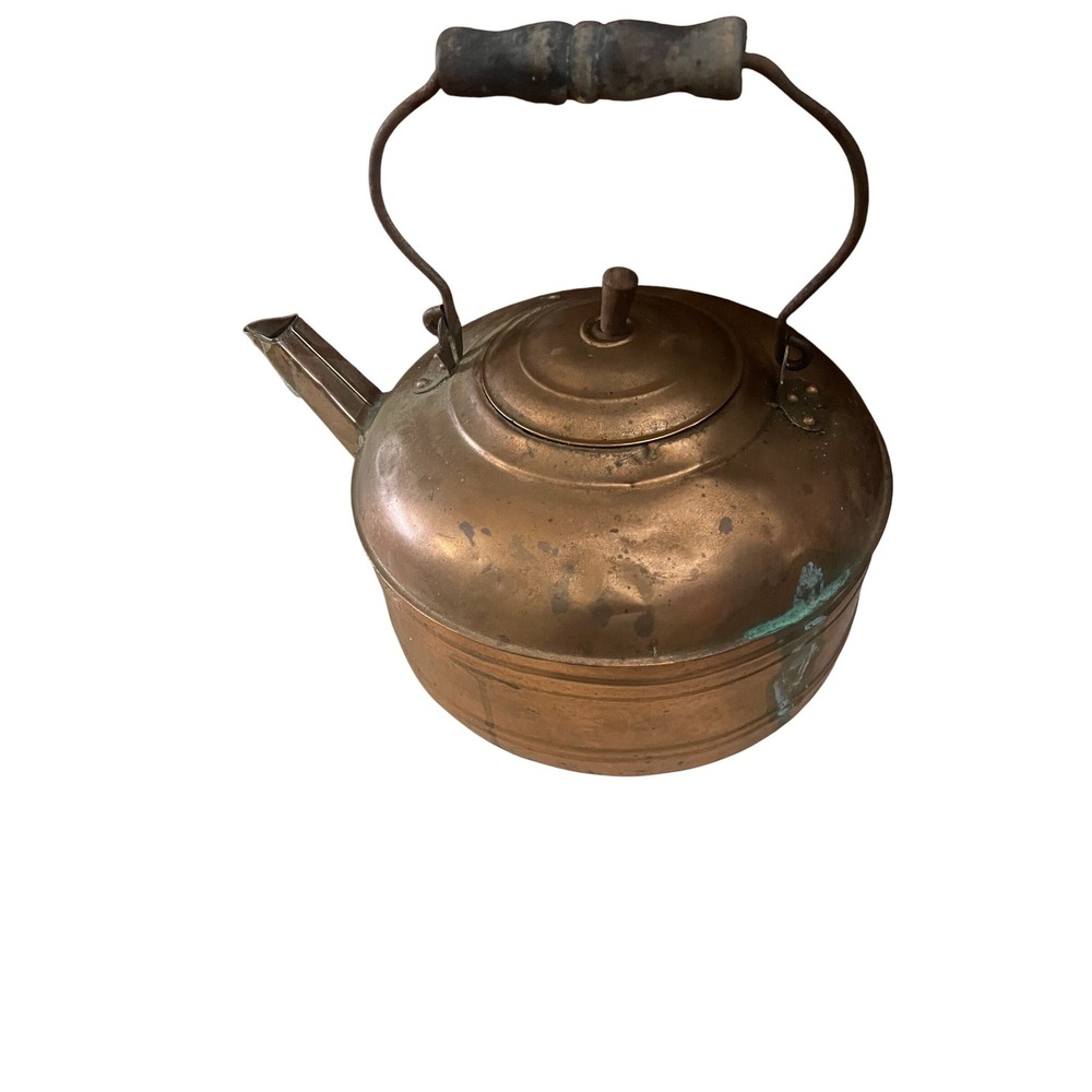 Antique Copper Tea‎ Kettle Primitive Farmhouse Stovetop Pot with Wood Handle 8in